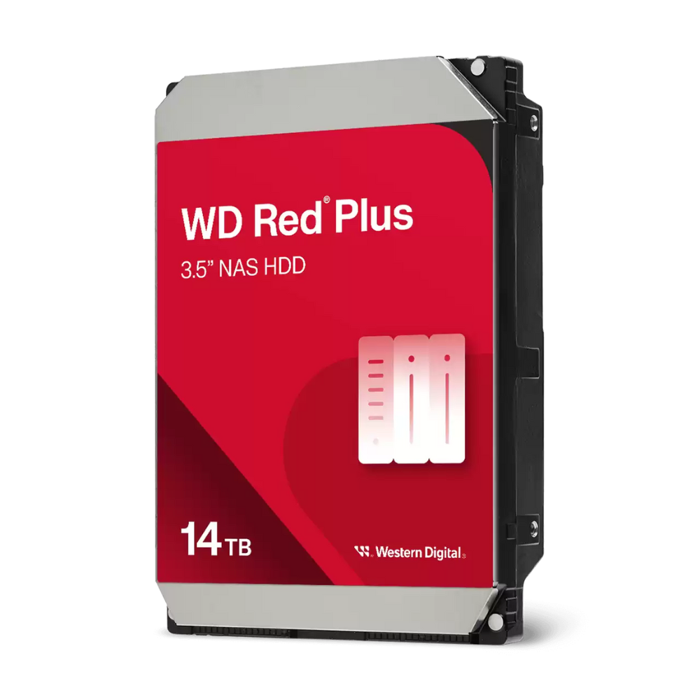 Western Digital WD Red Plus 14TB 3.5 SATA 6Gb/s NAS Hard Drive, 7200 RPM, 512MB Cache, Conventional Magnetic Recording (CMR), NASware Firmware, RAID-Optimized for Up to 8-Bay NAS, 180TB/Year Workload, 1 Million Hours MTBF, RoHS Compliant Western Digital WD Red Plus 14TB 3.5 SATA 6Gb/s NAS Hard Drive, 7200 RPM, 512MB Cache, Conventional Magnetic Recording (CMR), NASware Firmware, RAID-Optimized for Up to 8-Bay NAS, 180TB/Year Workload, 1 Million Hours MTBF, RoHS Compliant