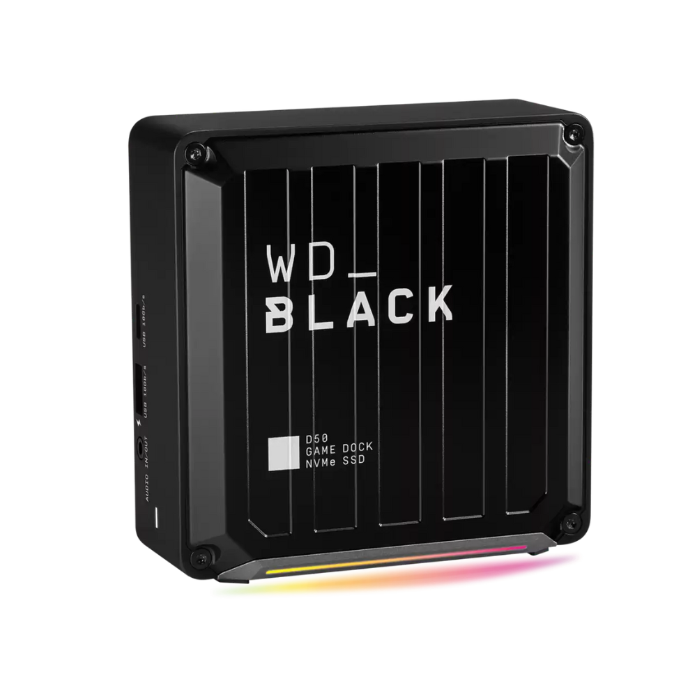 WD Black D50 Game Dock NVMe SSD 1TB (Black) with Thunderbolt 3 — Up to 3000MB/s Read and 2500MB/s Write Speeds, Dual Thunderbolt 3 Ports, DisplayPort 1.4, USB-C and USB-A 10Gb/s Ports, Gigabit Ethernet, RGB Lighting, 87W Laptop Charging WD Black D50 Game Dock NVMe SSD 1TB (Black) with Thunderbolt 3 — Up to 3000MB/s Read and 2500MB/s Write Speeds, Dual Thunderbolt 3 Ports, DisplayPort 1.4, USB-C and USB-A 10Gb/s Ports, Gigabit Ethernet, RGB Lighting, 87W Laptop Charging